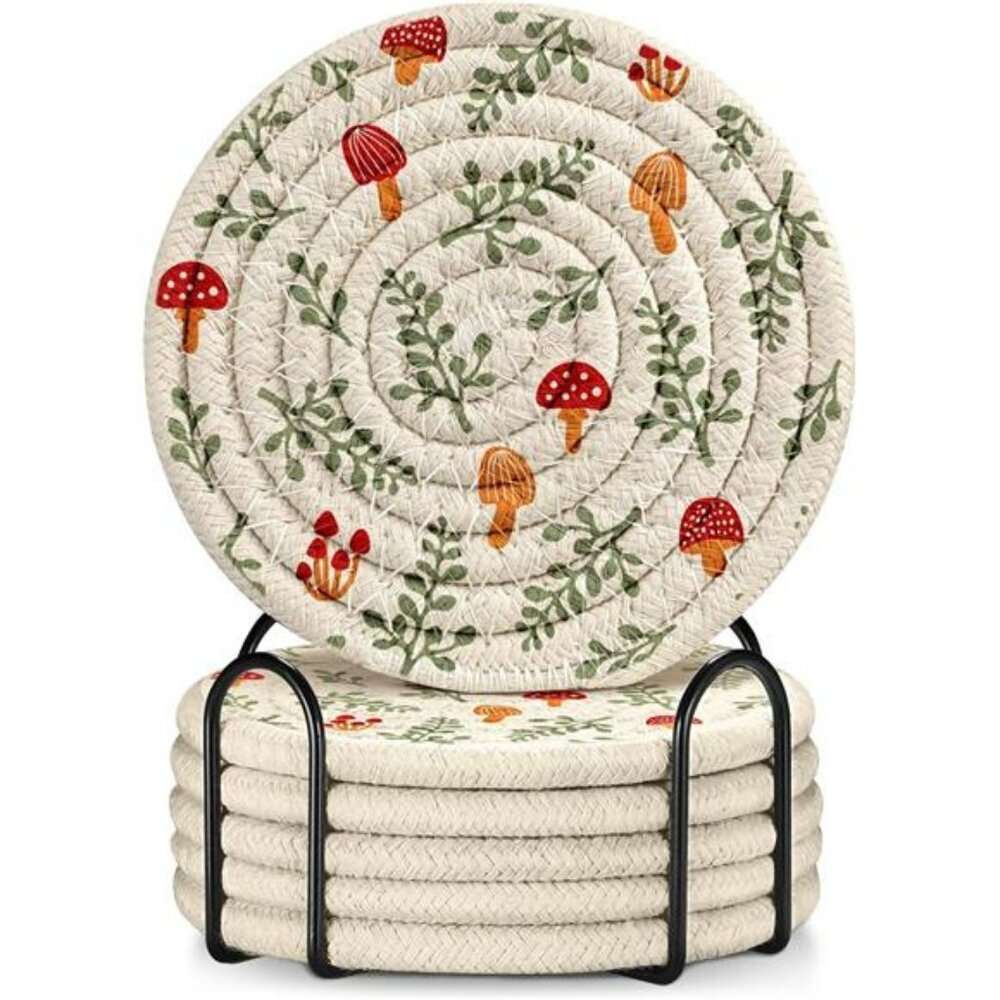Woven Cotton Linen Coasters Set of 6 with Holder Absorbent Drink Cup Mats Coffee